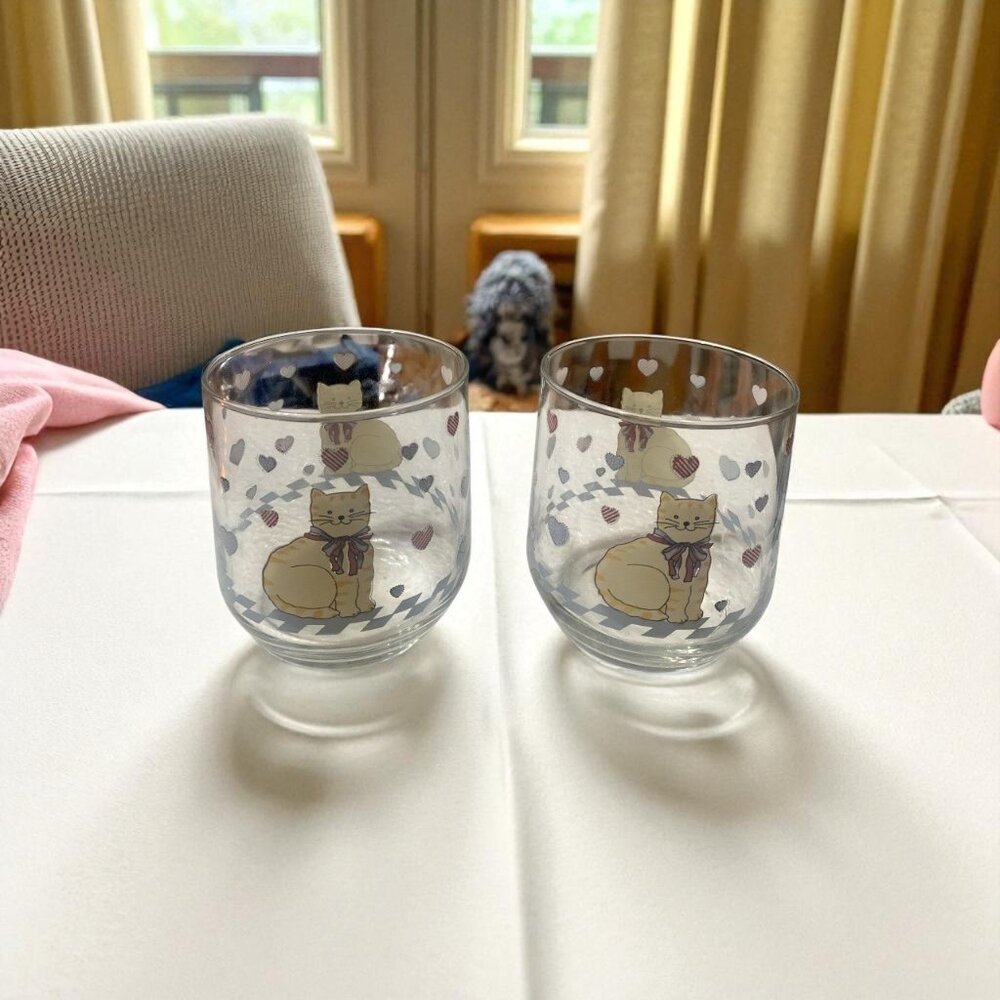 Vintage 1980's Country Cat Juice/Rocks-Set of 2-Libbey-Clear Glass-Kitsch